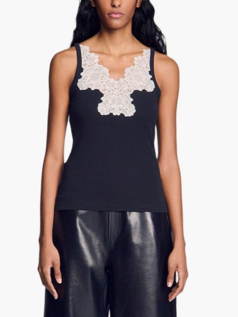 NWOT SANDRO Ribbed tank top with lace- Black, Fall 2026 style